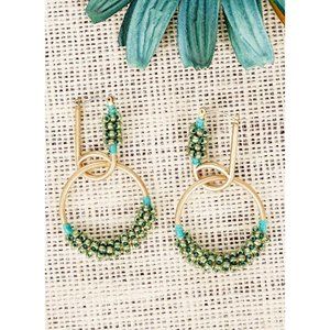 Earrings. Gold. Green Seed Beads, Turquoise Thread Wrapped. Pierced.